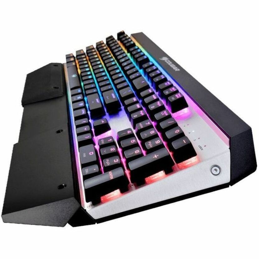 Angled view of COUGAR Attack X3 RGB keyboard showing RGB lighting effects-alternate-image4