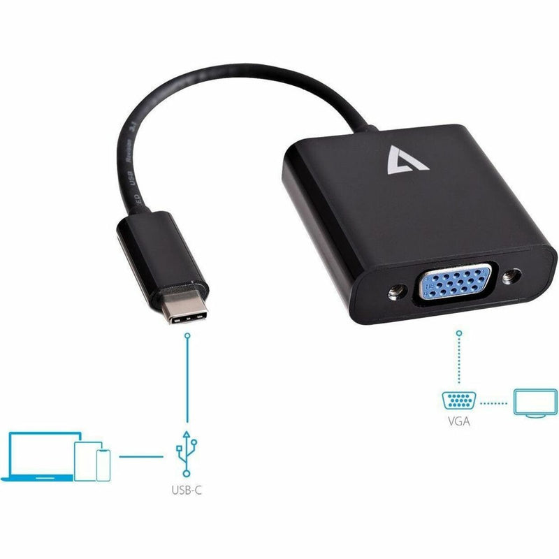 V7 USB-C to VGA adapter with connection diagram showing USB-C device connectivity to VGA display