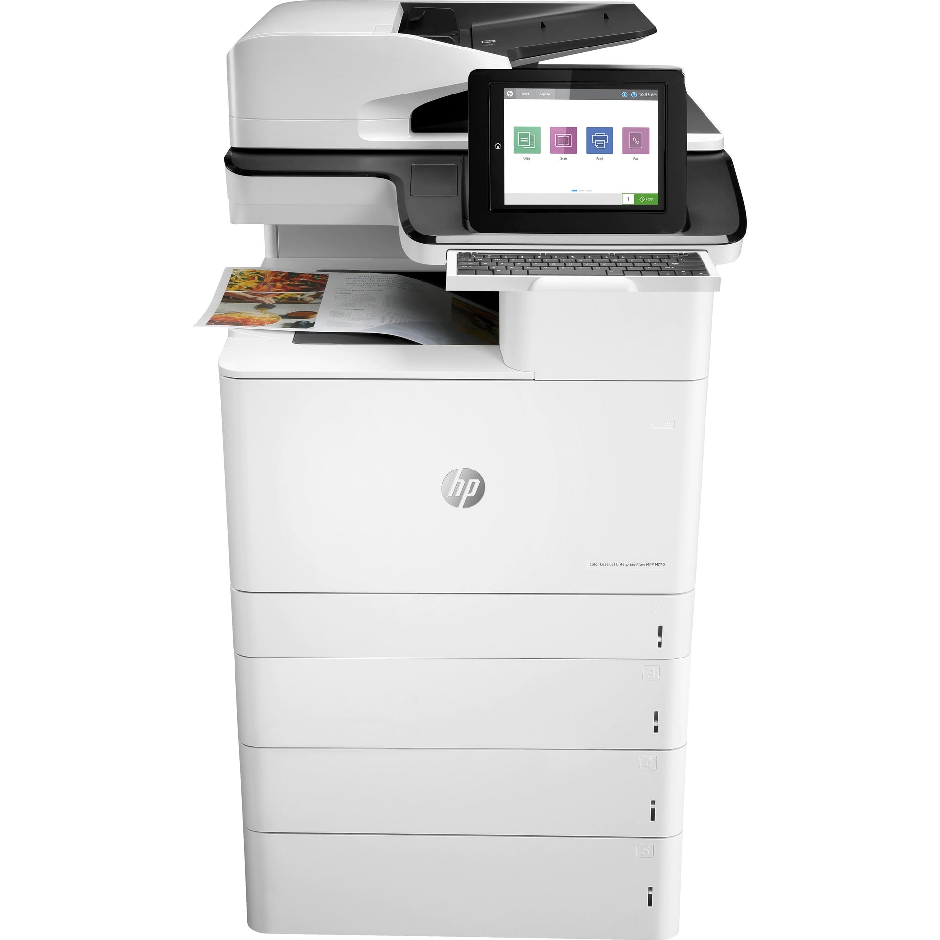 Front view of HP Color LaserJet Enterprise Flow MFP M776z showing touchscreen interface, keyboard, and multiple paper trays-alternate-image1