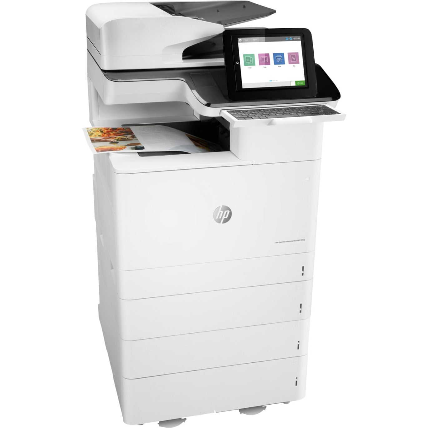 Side angle view of HP Color LaserJet Enterprise Flow MFP M776z highlighting expandable paper tray system-alternate-image2