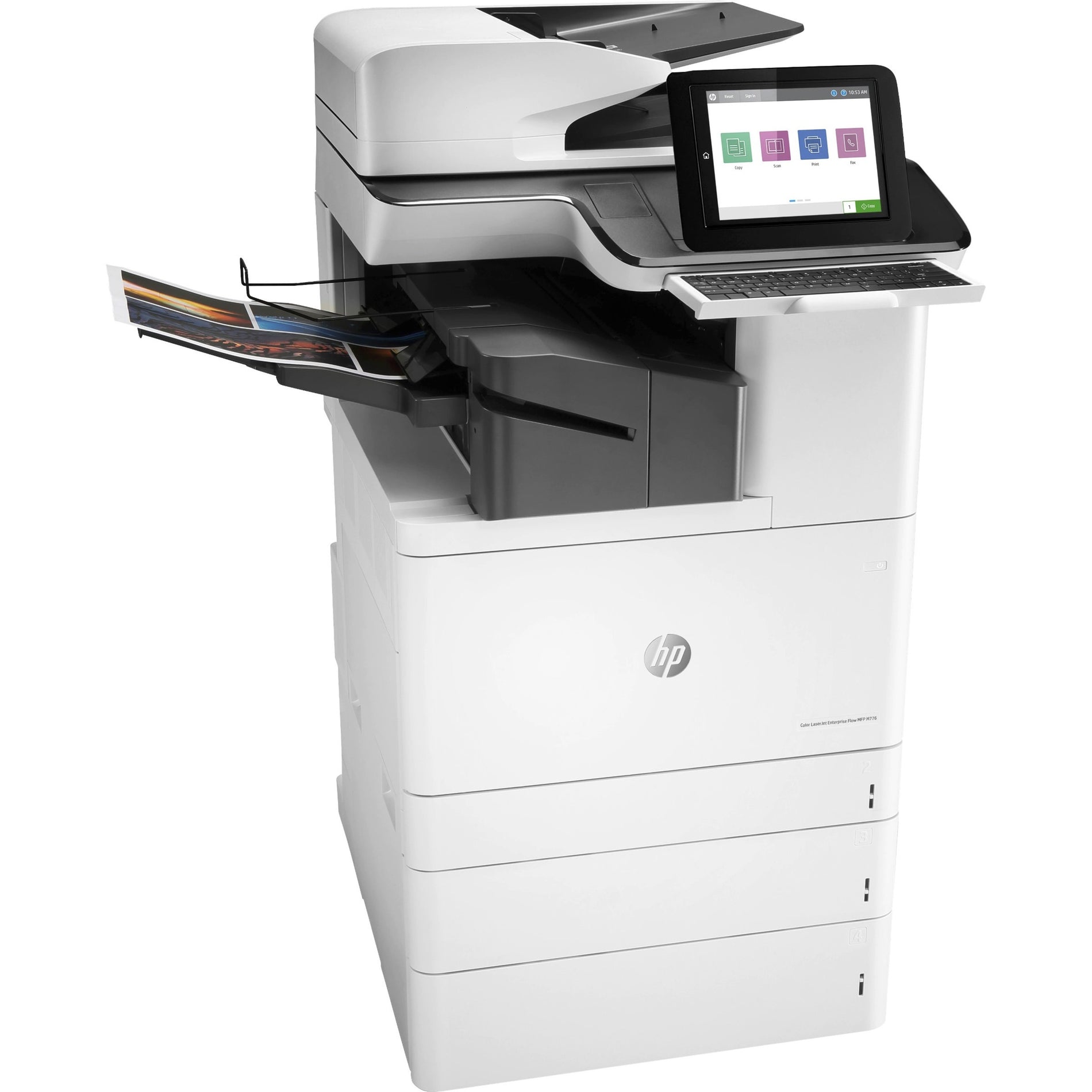 Front view of HP LaserJet Enterprise M776zs showing large touchscreen interface and pull-out keyboard-alternate-image1