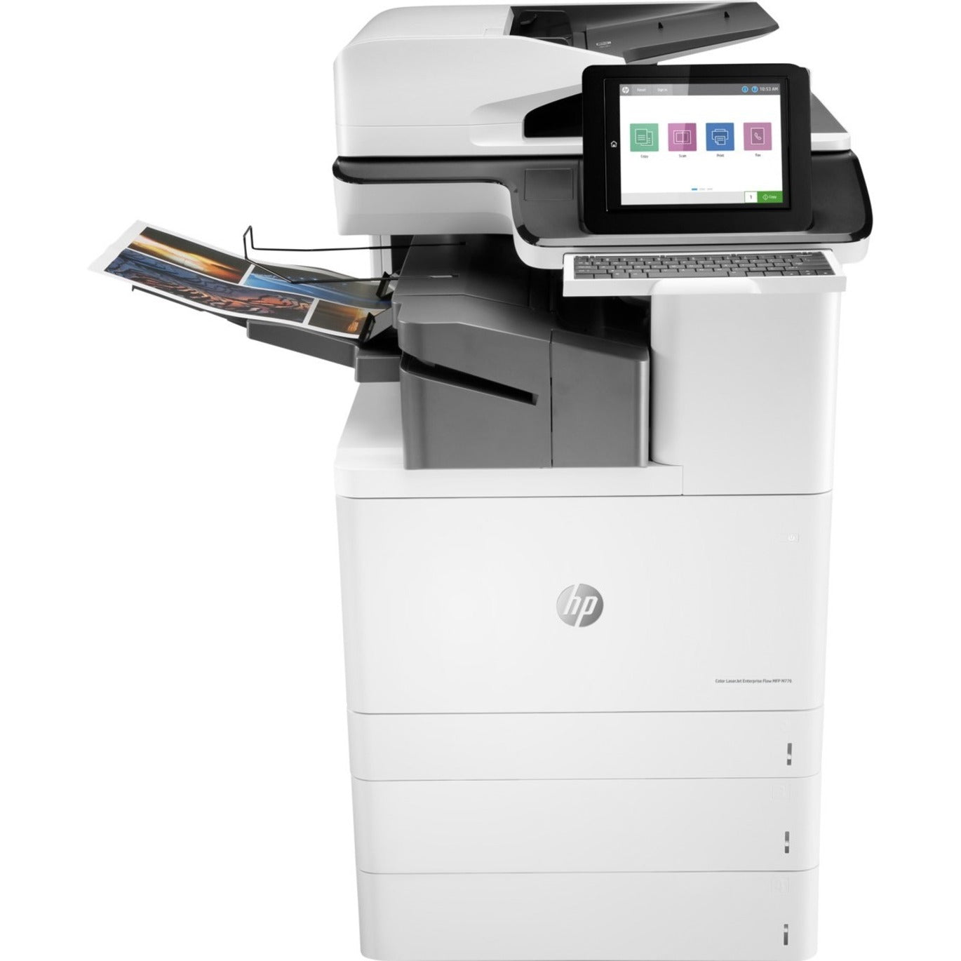 Side view of HP LaserJet Enterprise M776zs highlighting multiple paper trays and input capacity-alternate-image2