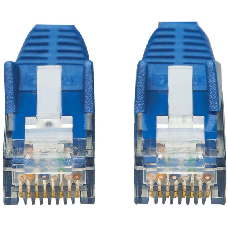 Detailed macro shot of Cat6 cable RJ45 connector pins and internal wiring