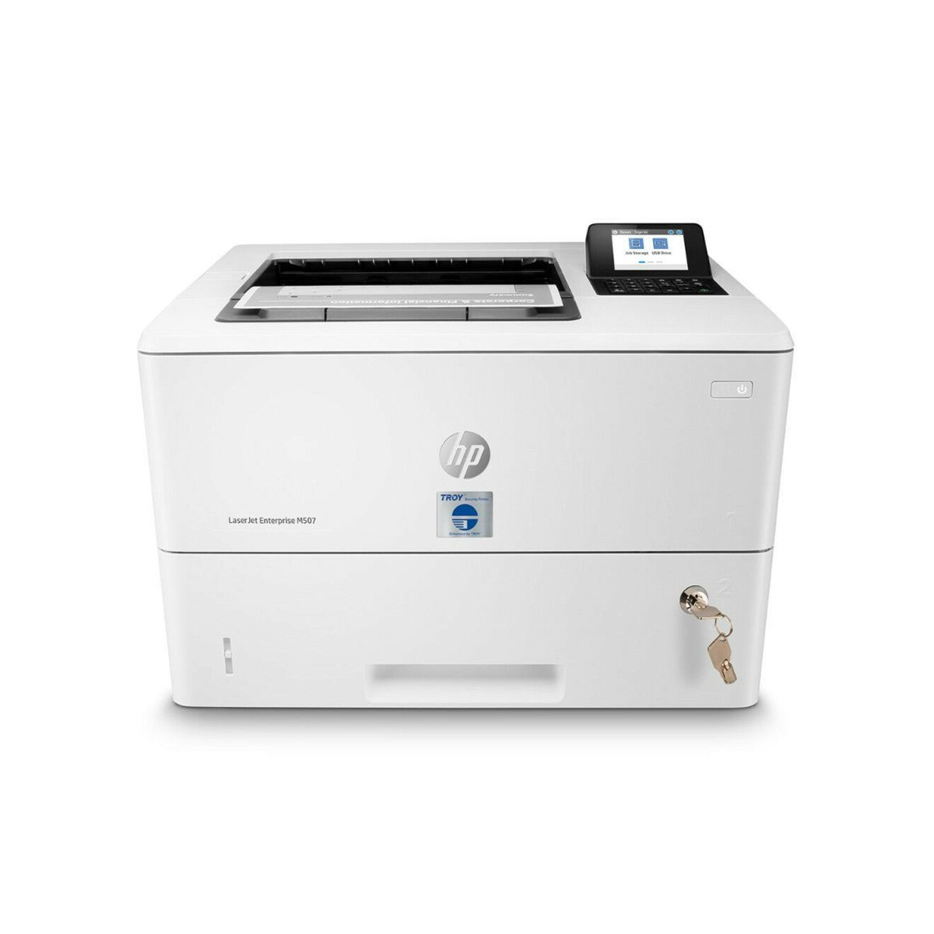 Front view of TROY M507dn laser printer showing locking paper tray and touchscreen display-alternate-image2