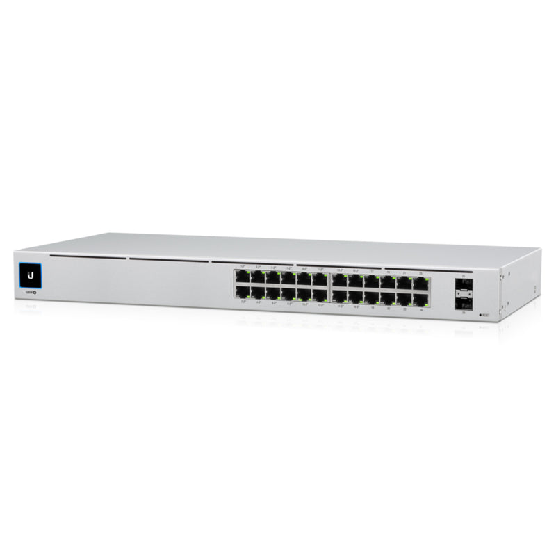 Front view of Ubiquiti USW-24-POE network switch showing 24 Ethernet ports and 2 SFP ports in silver chassis