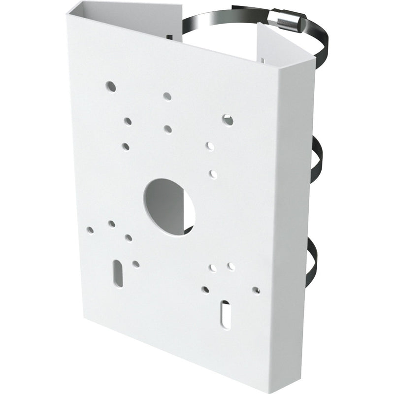 White powder-coated pole mount adapter with multiple mounting holes and sturdy metal straps for outdoor security camera installation