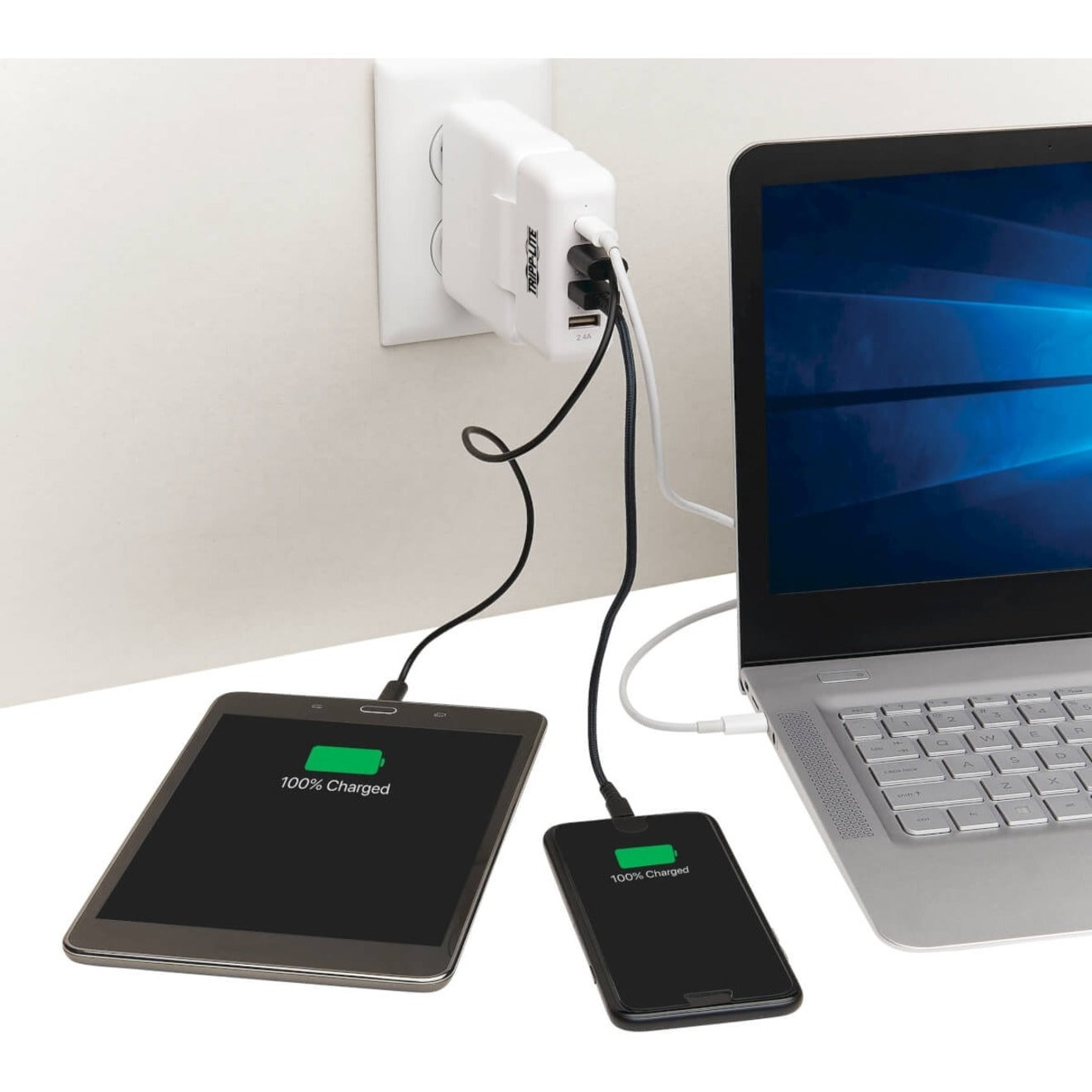 Charging hub connected to laptop, tablet, and smartphone showing full charge status-alternate-image3