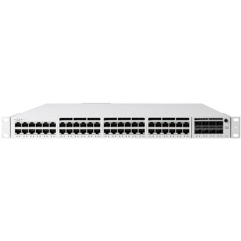 Front view of Meraki MS390-48P enterprise switch showing 48 Gigabit Ethernet ports and modular uplink section