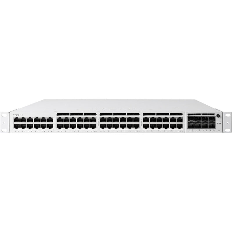 Front view of Meraki MS390-48U-HW switch showing 48 Gigabit Ethernet ports and modular uplink section