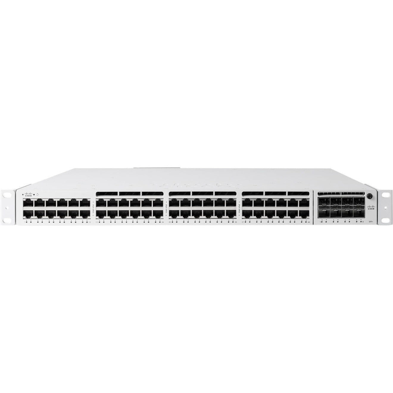 Front view of Meraki MS390-48UX enterprise switch showing 48 ports, LED indicators, and rack mounting brackets-alternate-image1