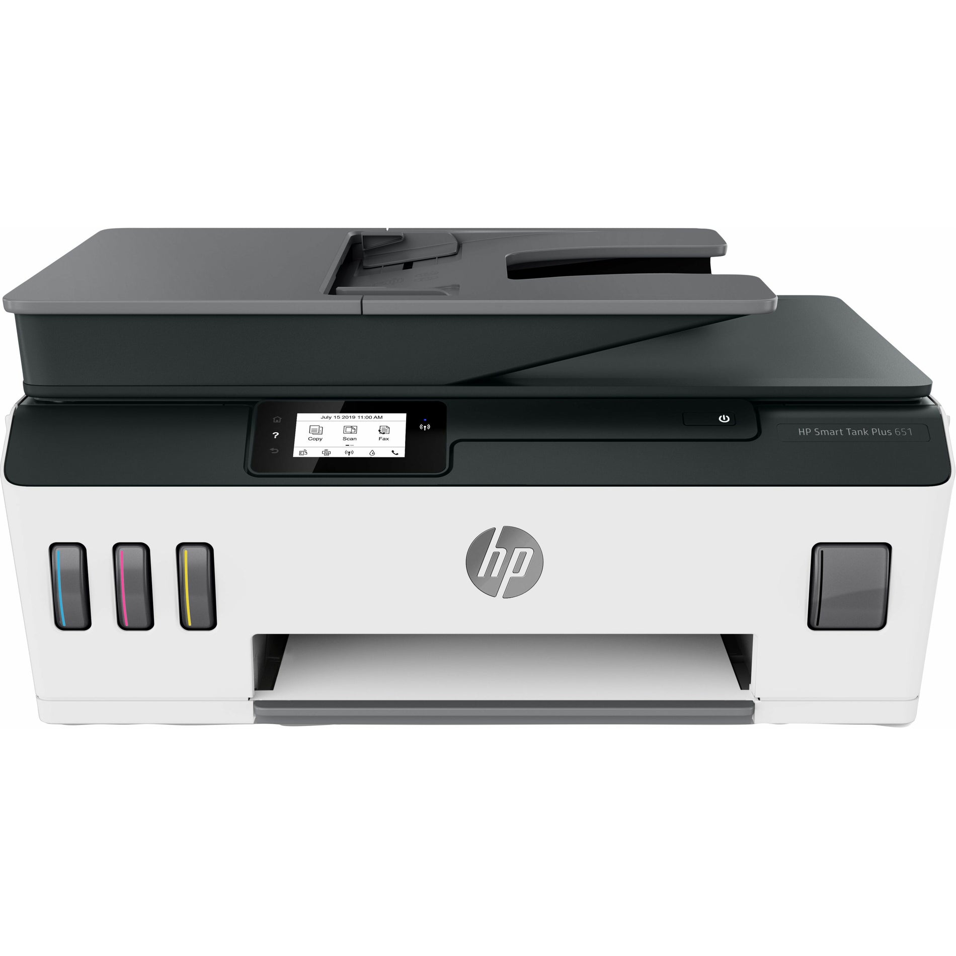 Front view of HP Smart Tank Plus 651 printer showing touchscreen display and ink tanks-alternate-image2