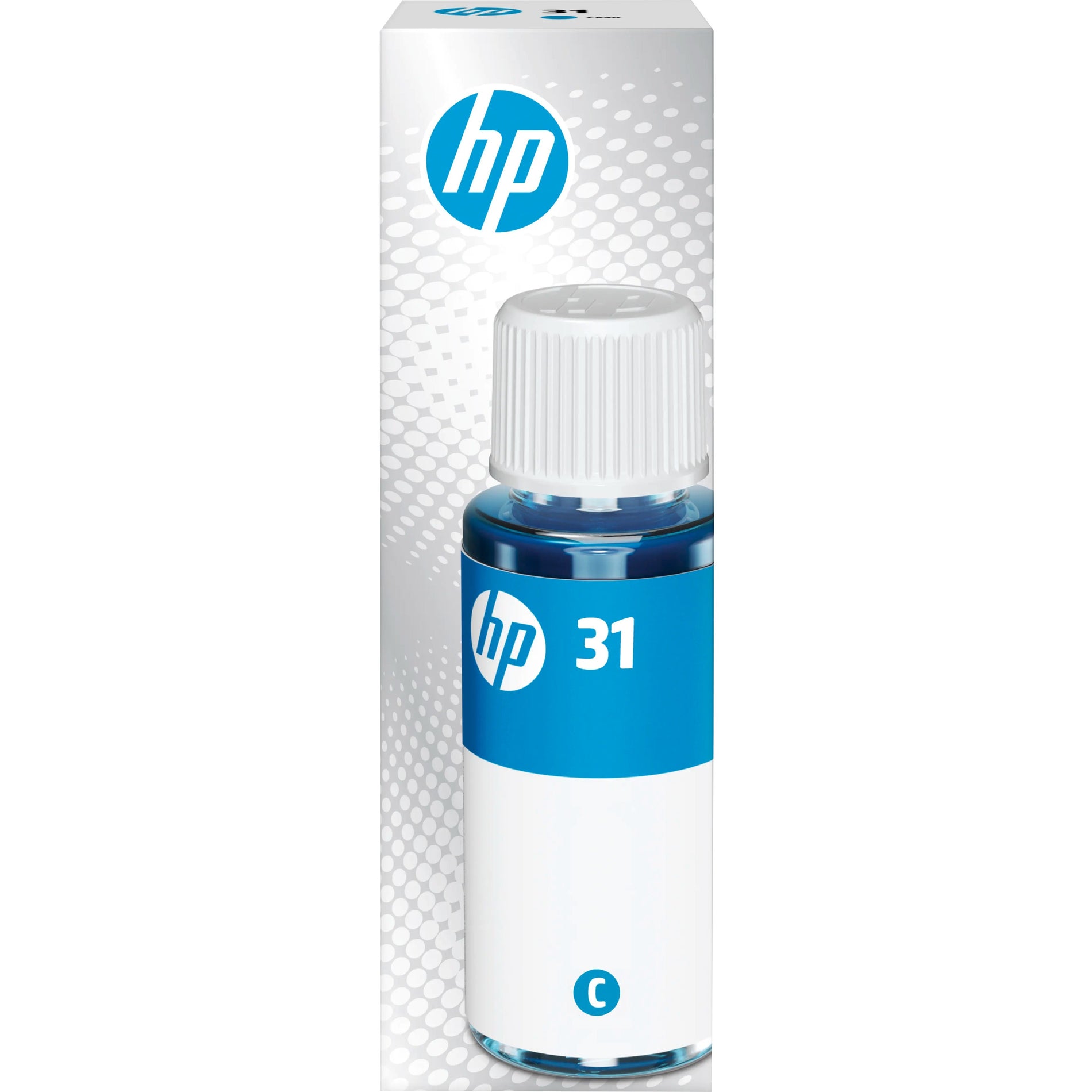 HP 31 cyan ink bottle with 70ml capacity showing distinctive blue color and white cap design-alternate-image1