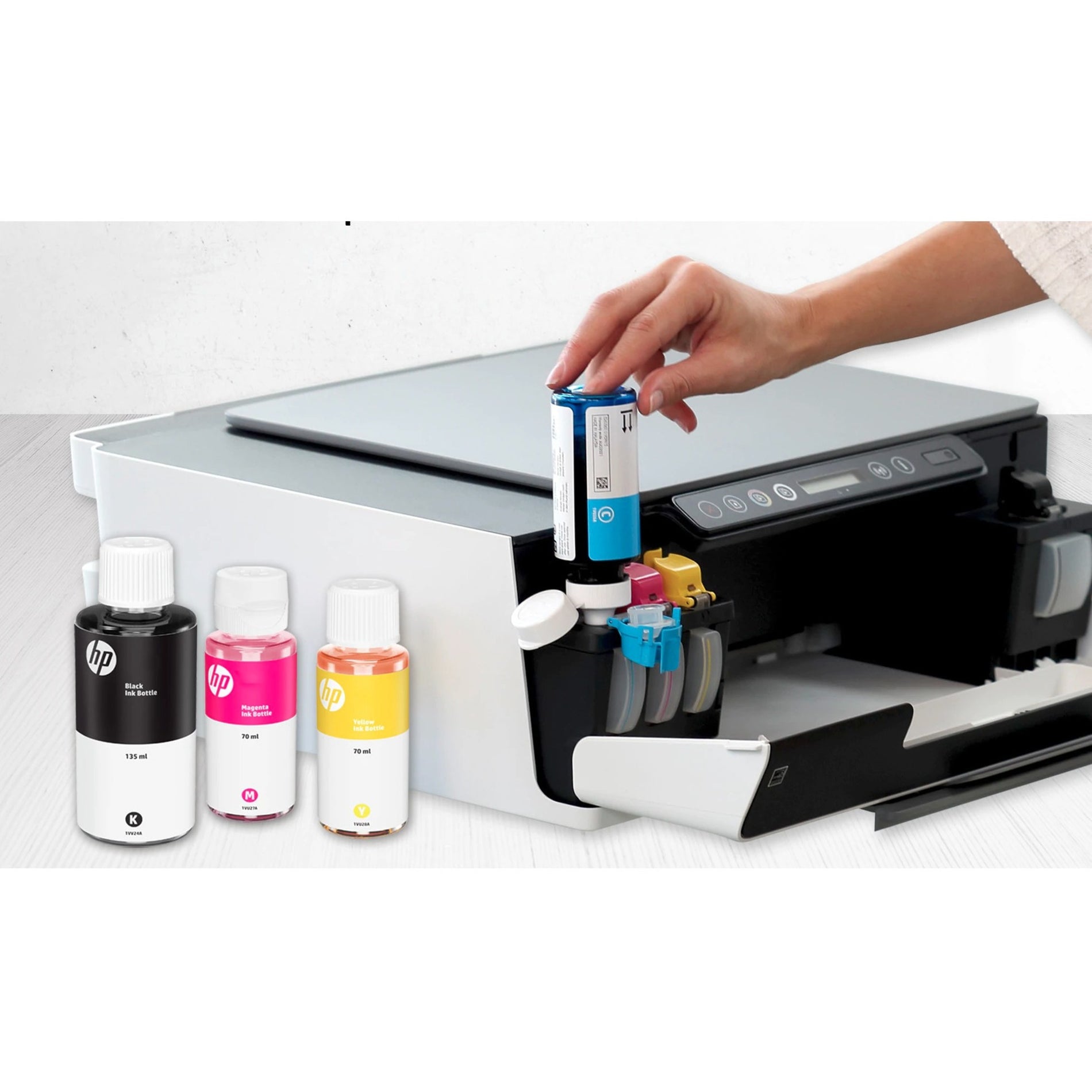 HP Smart Tank printer with ink bottles showing refill process-alternate-image3