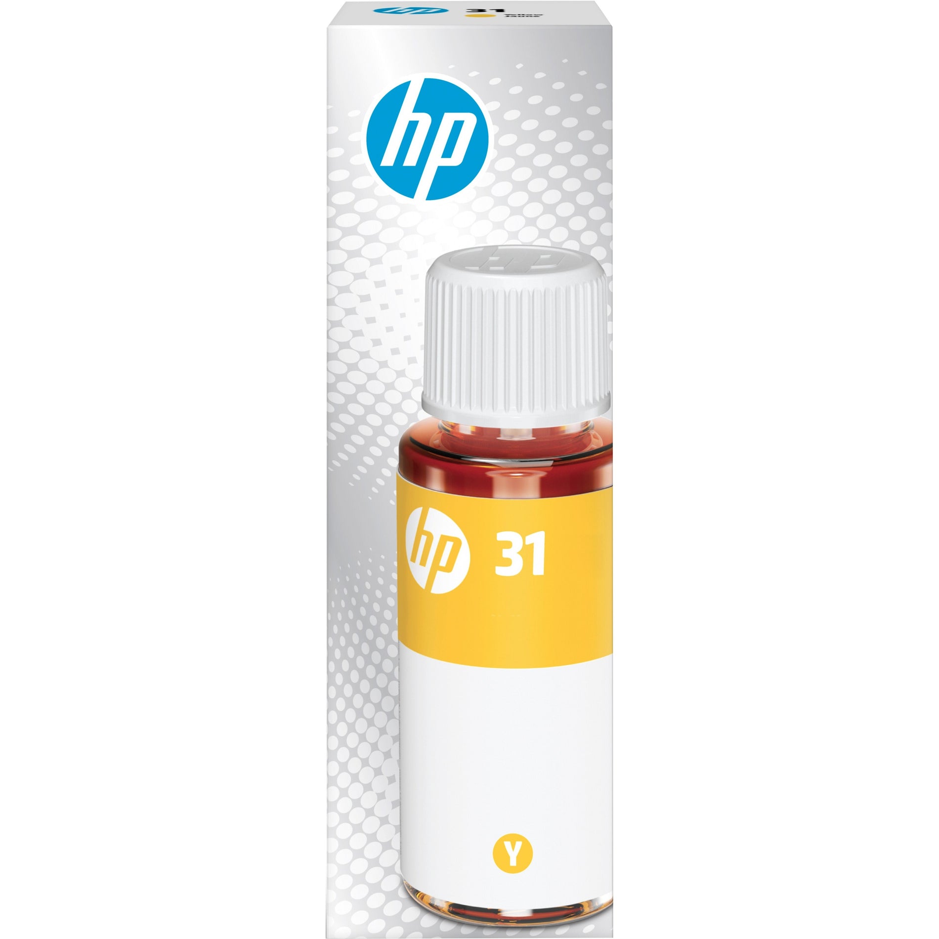 HP 31 70ml Yellow Original Ink Bottle with white cap against geometric patterned background-alternate-image1