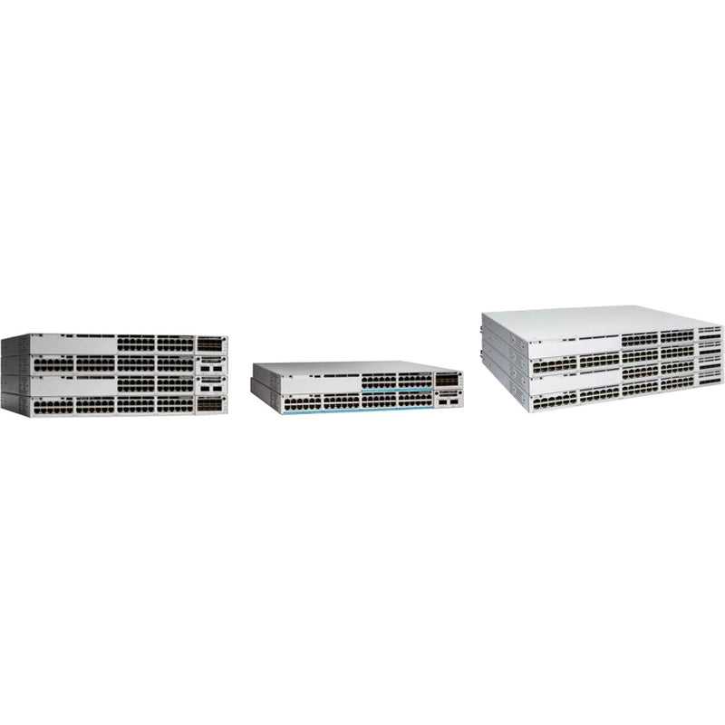 Front view of multiple Cisco Catalyst 9300L Series switches showing stacking configuration and port layout