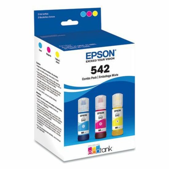 Epson 542 ink refill kit package showing three bottles of cyan, magenta, and yellow ink with product details-alternate-image2