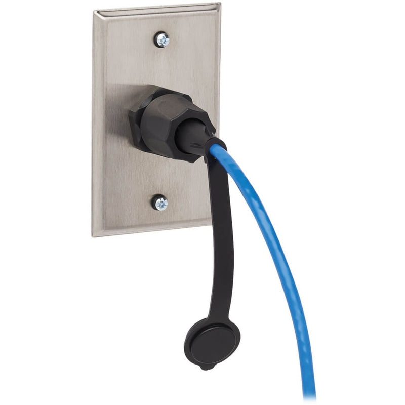 Industrial Cat6 cable mounted on stainless steel wall plate with protective connector housing