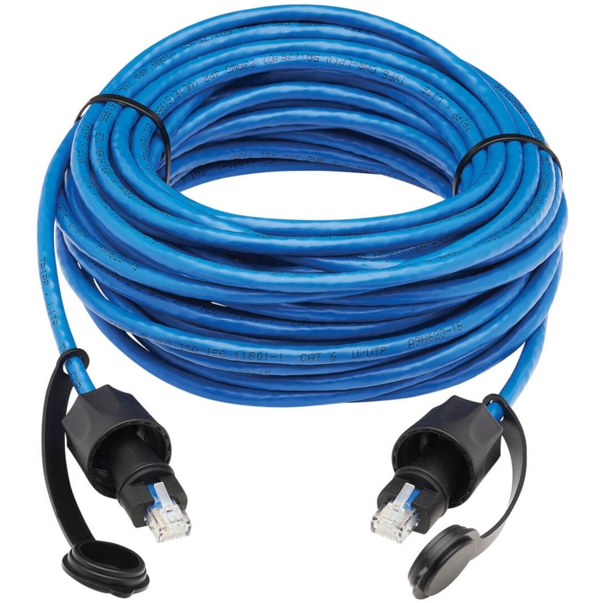 50-foot blue industrial Cat6 cable with protected RJ45 connectors and dust caps-alternate-image2