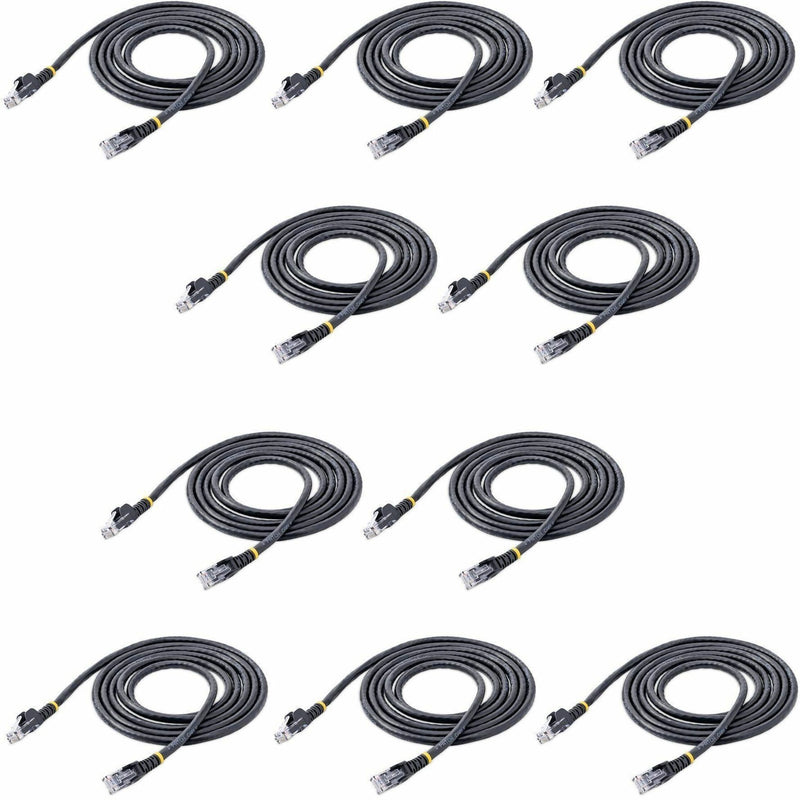 Collection of ten black StarTech.com CAT6 ethernet patch cables arranged in rows