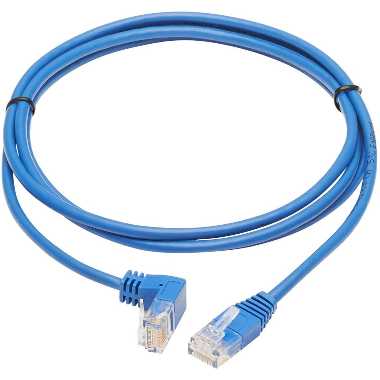 Full length view of slim blue Cat6 ethernet cable with angled connectors-alternate-image2