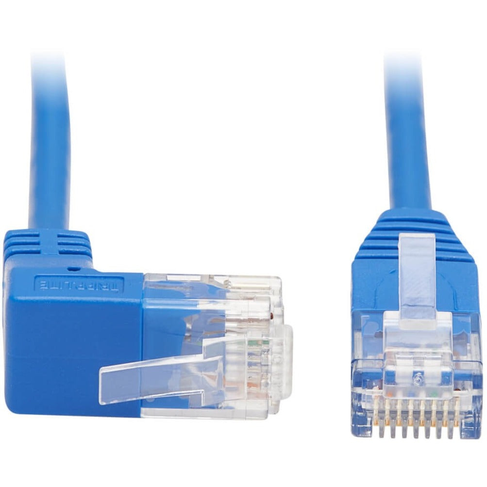 Close-up view of blue Cat6 cable with upward-angled RJ45 connector and transparent housing showing gold-plated pins-alternate-image1