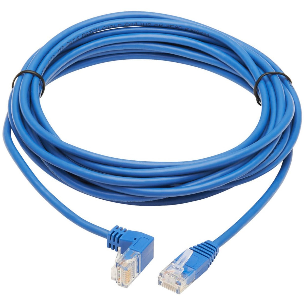 Full length view of slim blue Cat6 ethernet cable with down-angle connector-alternate-image2