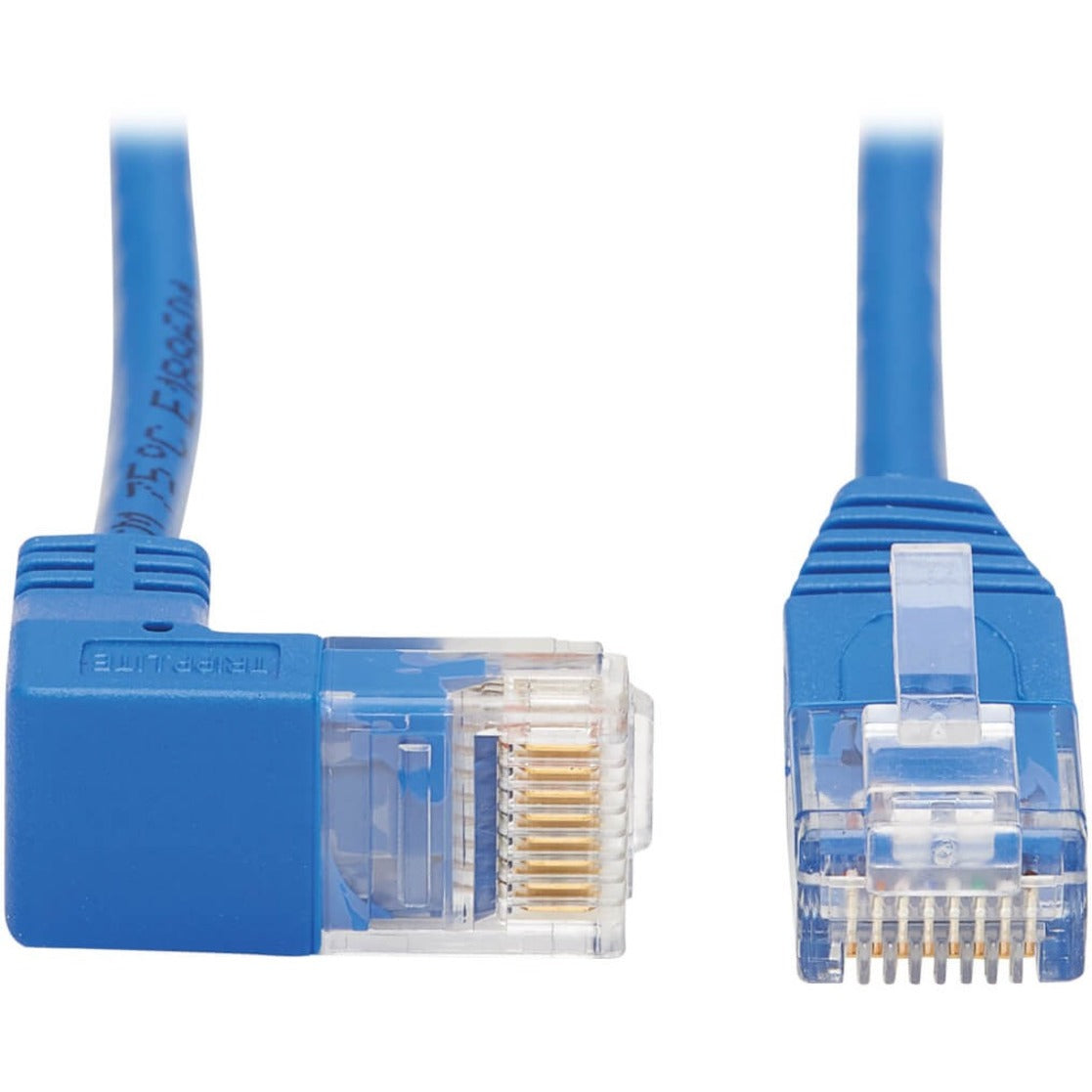 Close-up of gold-plated RJ45 connectors on blue Cat6 ethernet cable showing 90-degree angle design-alternate-image1