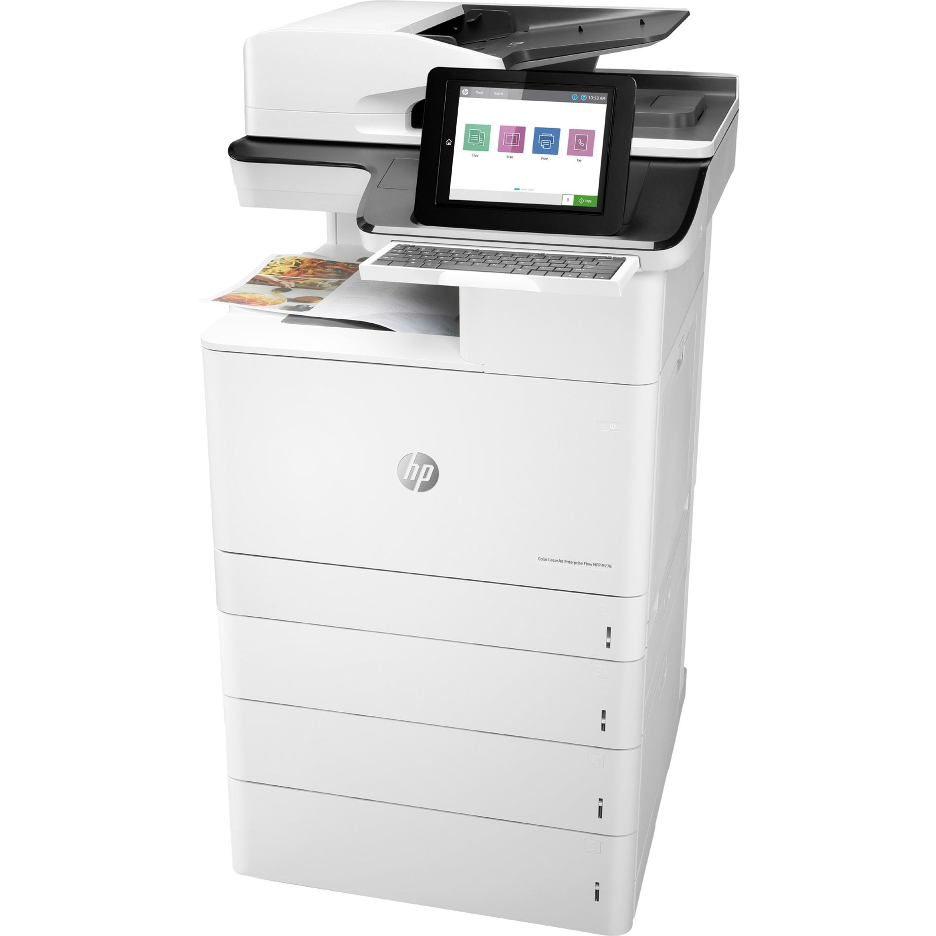 Front view of HP LaserJet Enterprise M776z showing touchscreen interface, keyboard, and multiple paper trays-alternate-image1