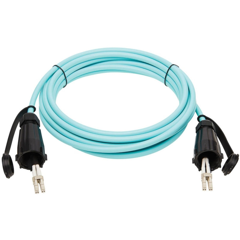 Full length view of aqua OM3 multimode fiber patch cable with protected connectors