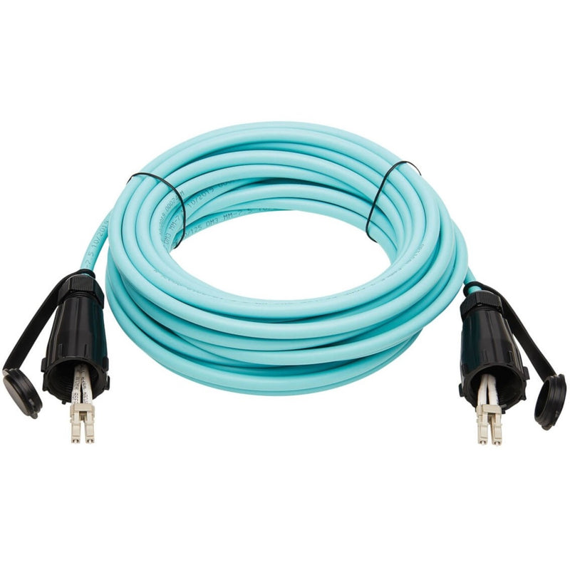 Full-length view of 10-meter aqua OM3 fiber optic cable with protected LC connectors