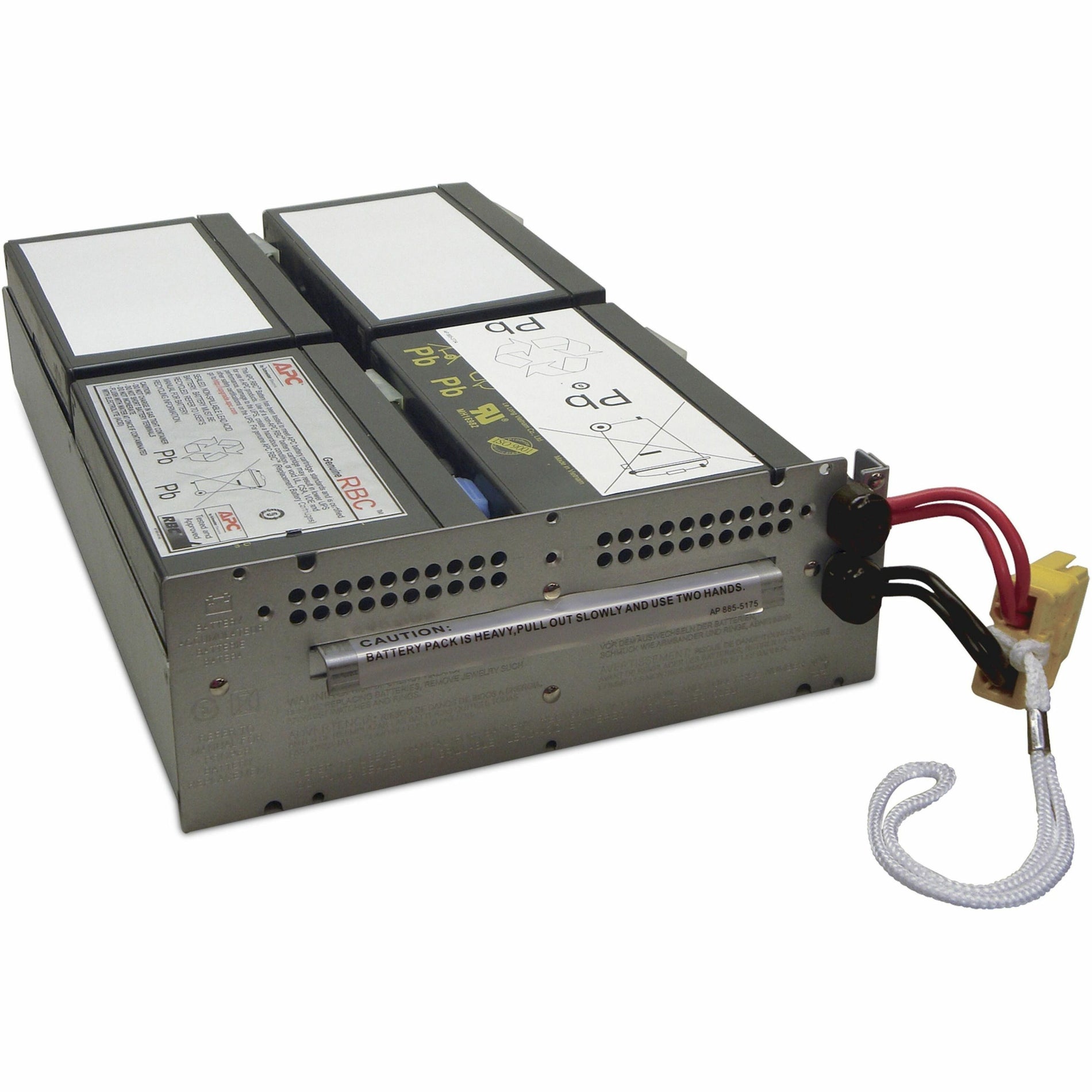 APC APCRBC159 replacement battery cartridge showing metallic enclosure with ventilation holes and connection cables-alternate-image1