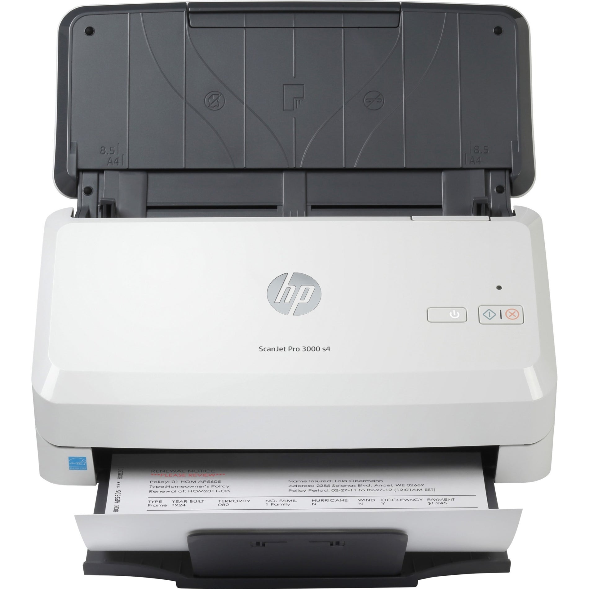 HP ScanJet Pro 3000 s4 scanner front view with open document feeder tray scanning an insurance document-alternate-image1