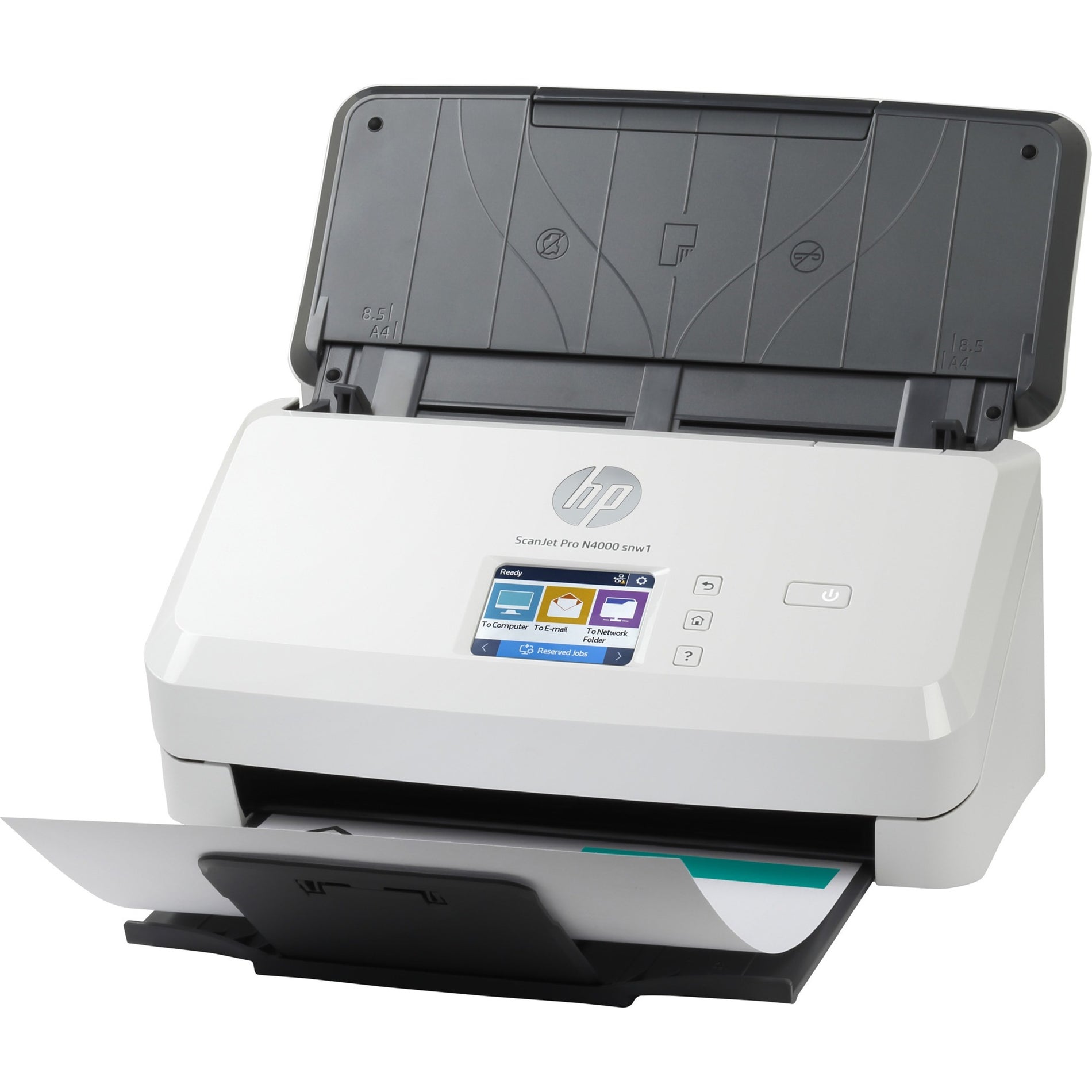 Angled view of HP ScanJet Pro N4000 snw1 displaying touchscreen interface and document processing-alternate-image3