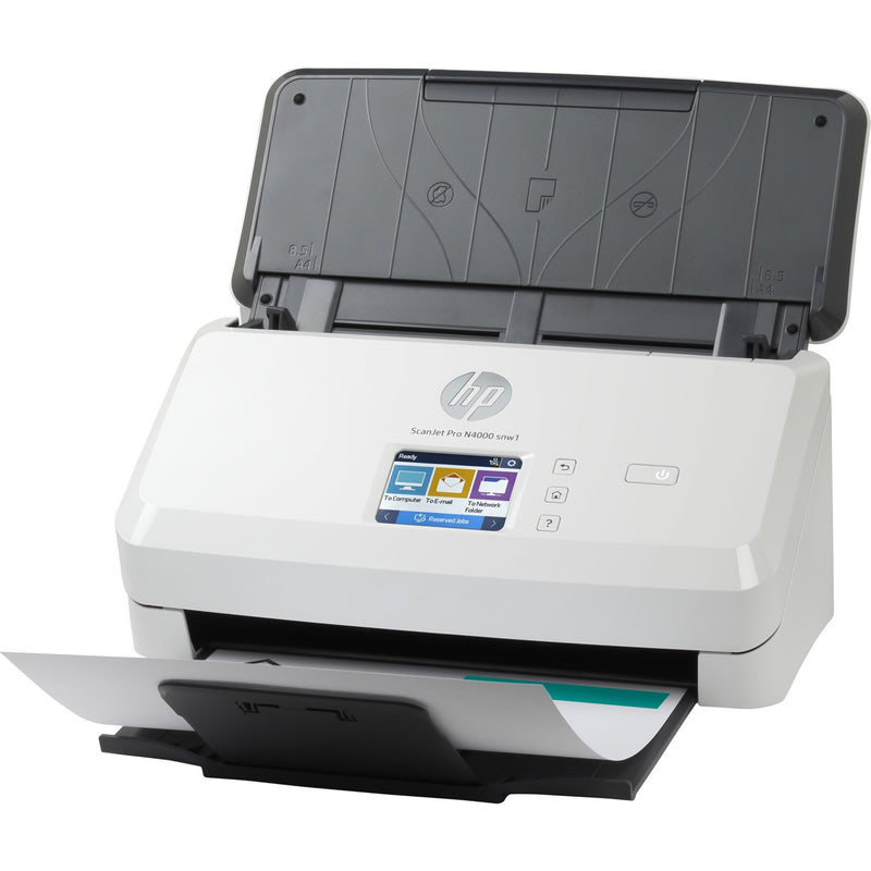 Angled view of HP ScanJet Pro N4000 snw1 displaying touchscreen interface and document processing