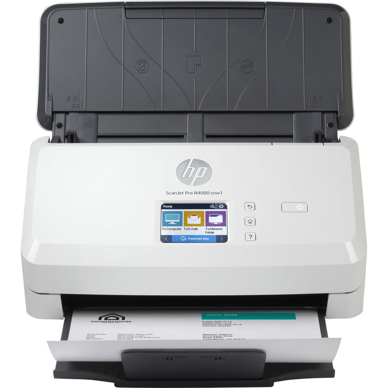 Front view of HP ScanJet Pro N4000 snw1 scanner with 2.8-inch color touchscreen display and document feeder tray