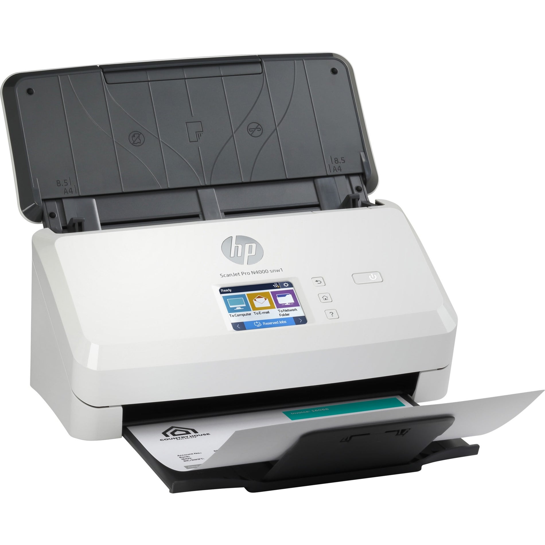 Side angle view of HP ScanJet Pro N4000 snw1 showing document feeder and output tray in action-alternate-image2