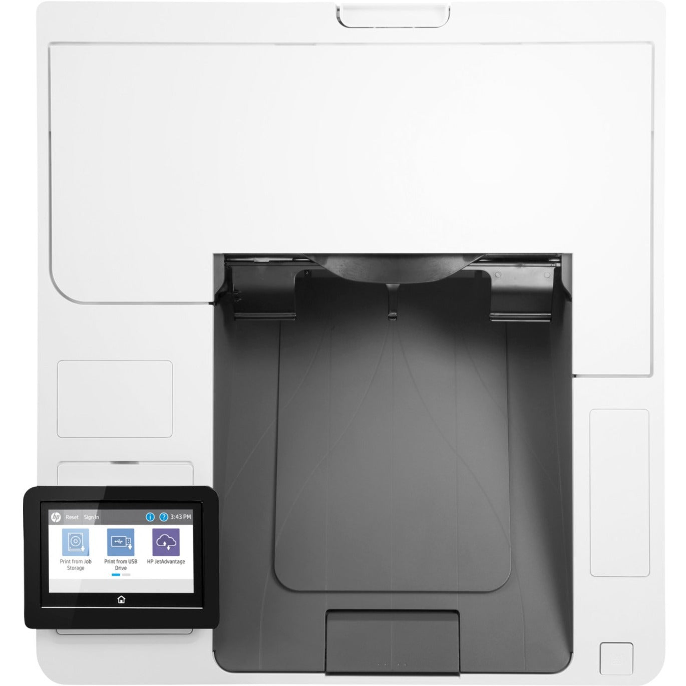 Top view of HP LaserJet Enterprise M610dn printer showing compact design and paper output tray-alternate-image3