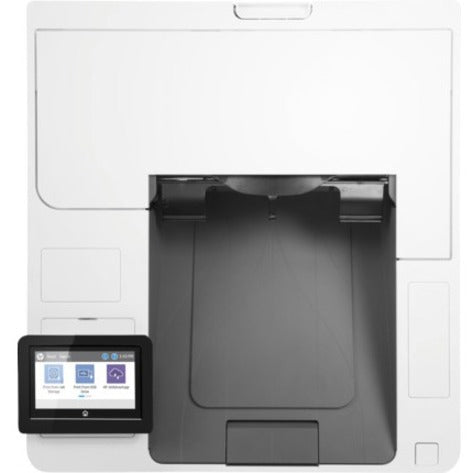 Top view of HP LaserJet Enterprise M611dn printer showing paper tray and control panel layout