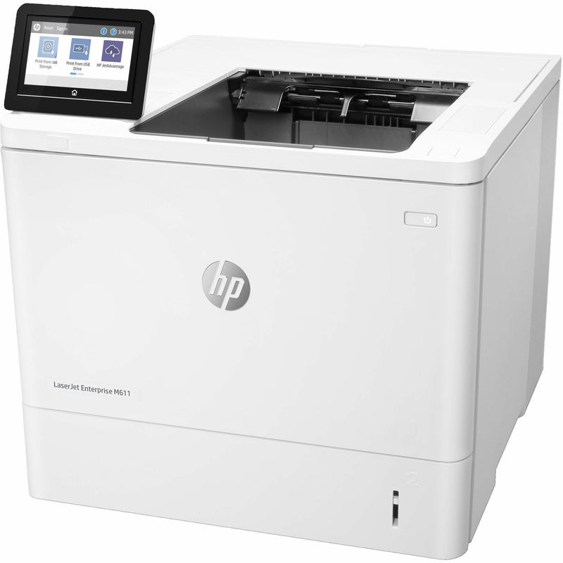 Three-quarter view of HP LaserJet Enterprise M611dn highlighting paper handling features and output tray