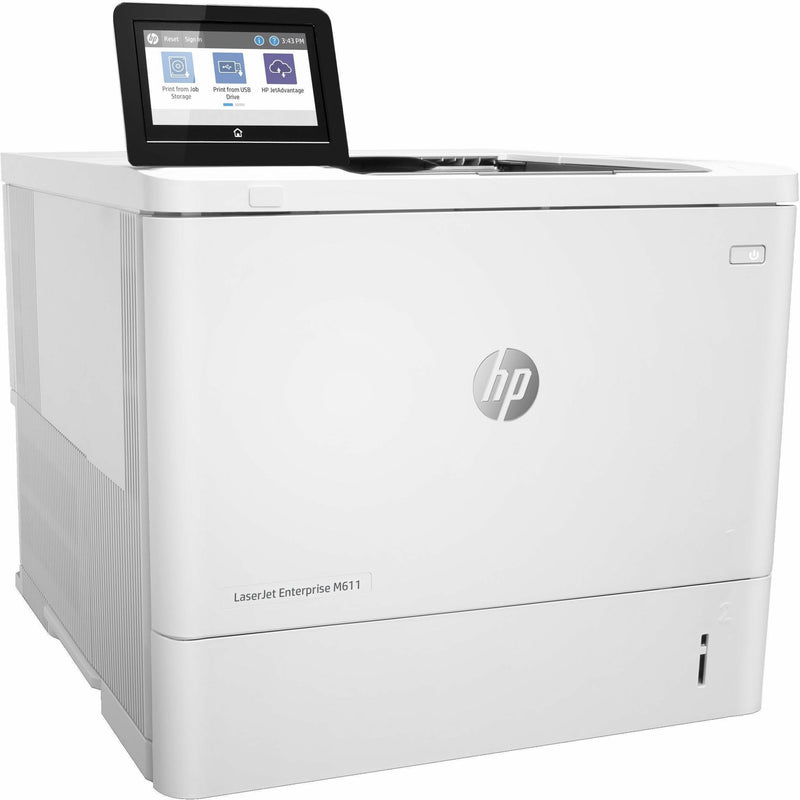 Side angle view of HP LaserJet Enterprise M611dn showing compact design and clean white exterior