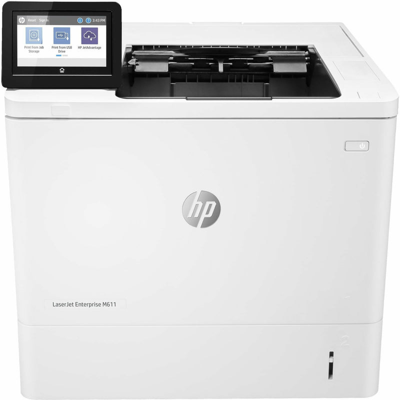 Front view of HP LaserJet Enterprise M611dn printer showing 4.3-inch color touchscreen display with job storage, USB printing, and cloud connectivity options