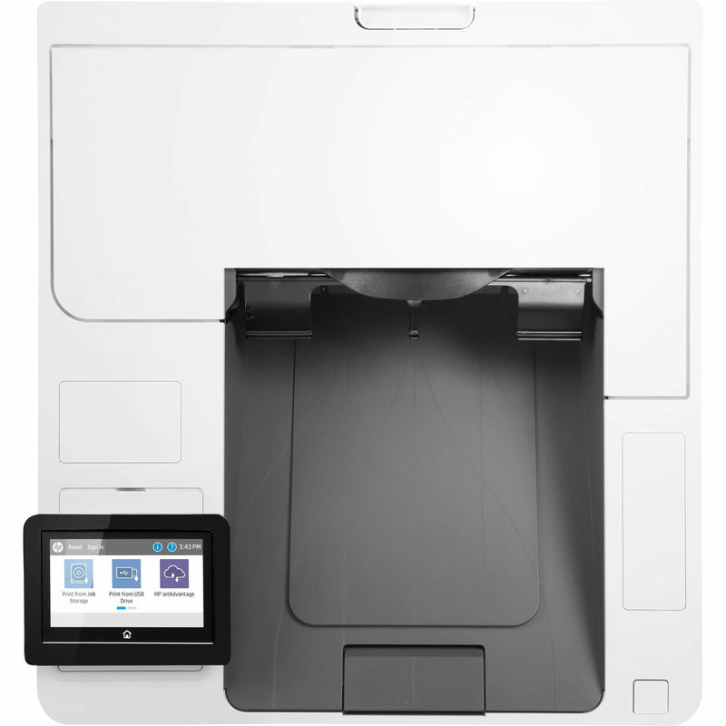 Top-down view of HP LaserJet Enterprise M611dn showing output tray and control panel layout