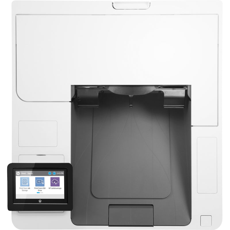 Top-down view of HP LaserJet Enterprise M612dn showing paper path and touchscreen placement