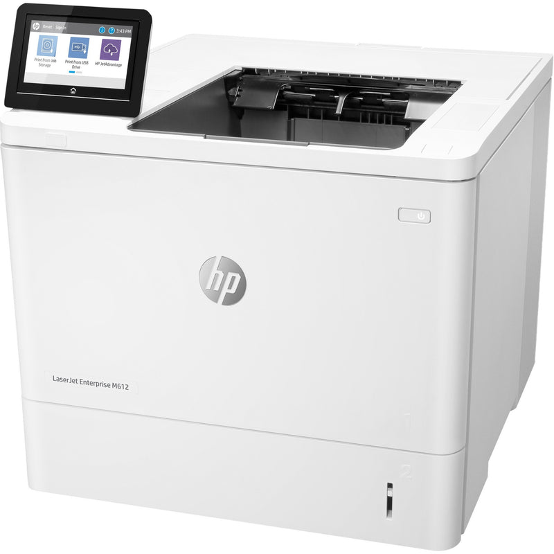 Angled view of HP LaserJet Enterprise M612dn showing compact design and touchscreen interface