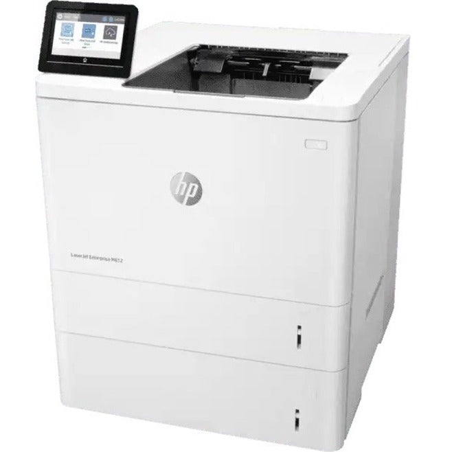 Side profile of HP LaserJet Enterprise M612x printer showing compact design and touchscreen positioning