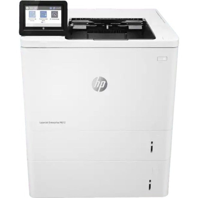 Front view of HP LaserJet Enterprise M612x printer featuring 4.3-inch touchscreen display and dual paper trays