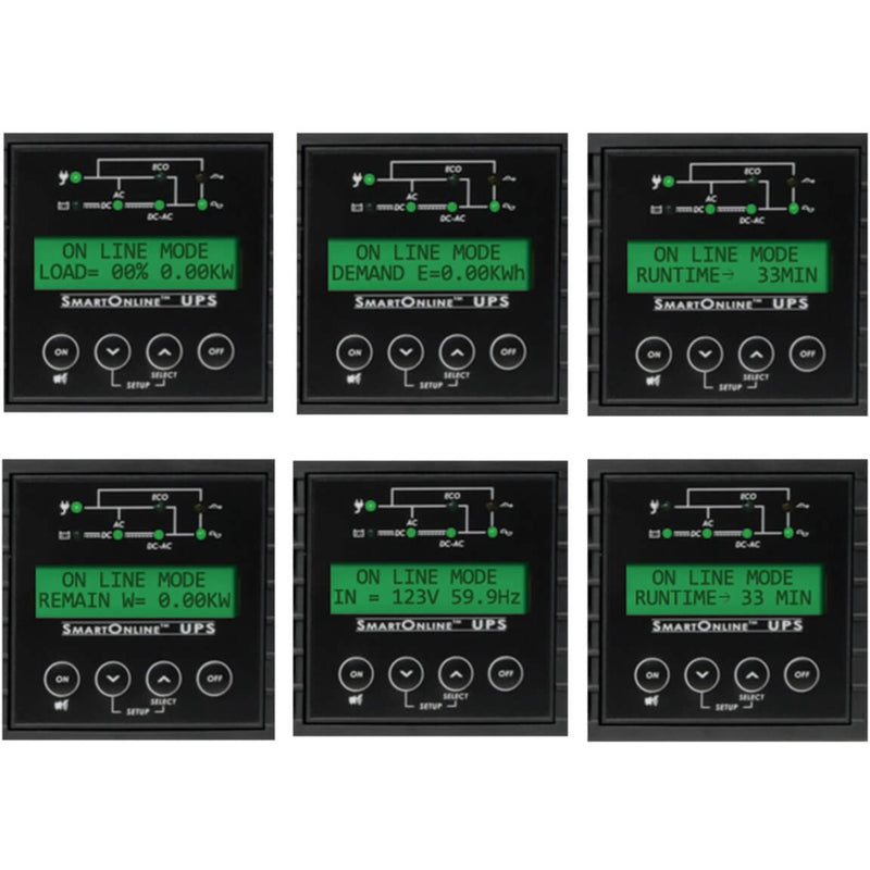 Multiple views of the SmartOnline UPS LCD screen showing various status displays