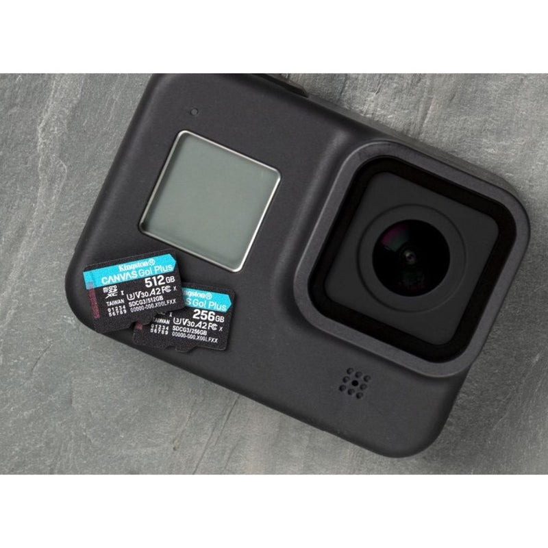 Kingston Canvas Go! Plus microSD cards next to action camera