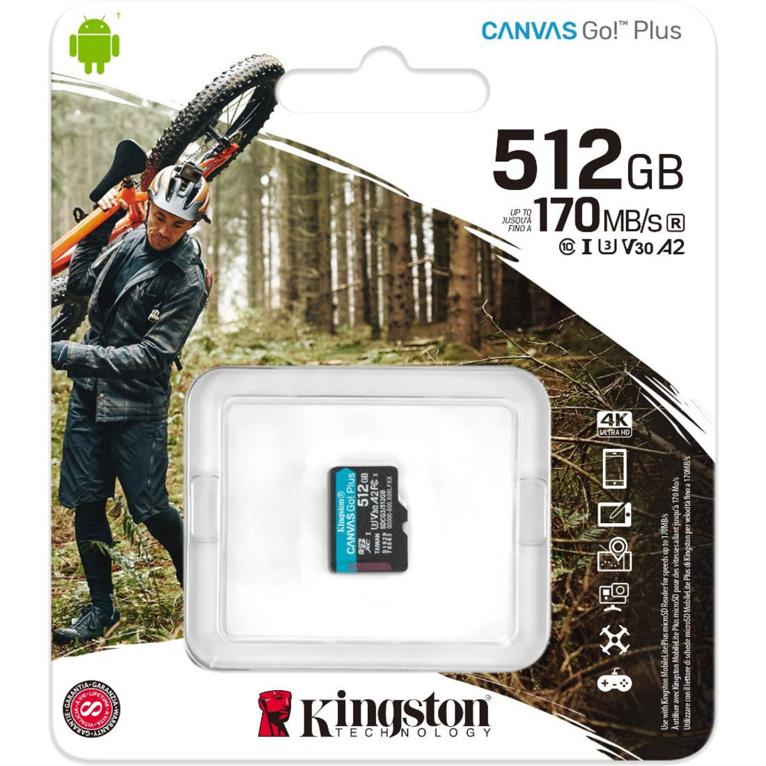 Retail packaging of Kingston Canvas Go! Plus microSD card with outdoor activity imagery-alternate-image3