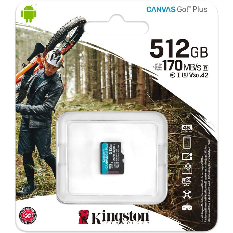 Retail packaging of Kingston Canvas Go! Plus microSD card with outdoor activity imagery